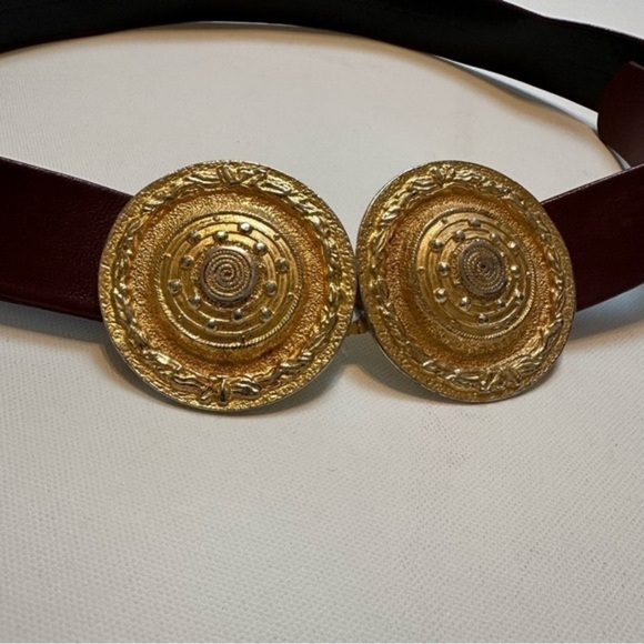Gay Boyer Burgundy Leather Belt with Round Gold Buckles, S/M - Picture 1 of 10